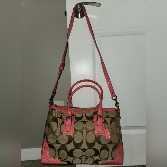Coach Fabric & Patent Leather Handbag Bag in Pink and Taupe, Style # F13812 - Picture 4 of 16